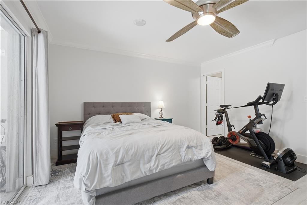 Bedroom featuring a ceiling fan with integrated lighting, crown molding, and a sliding glass door