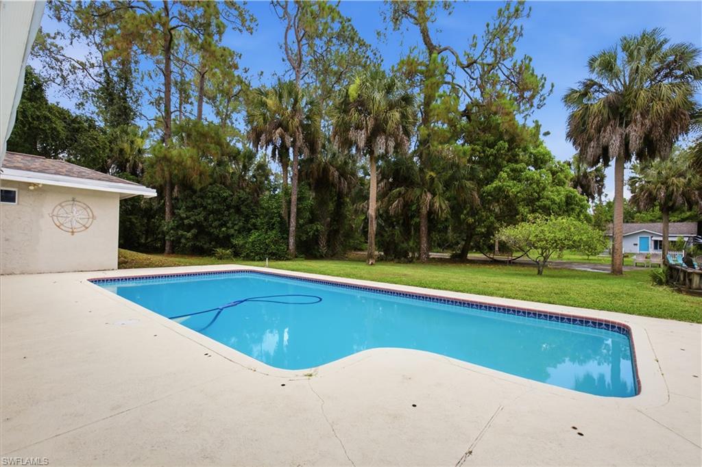 Outdoor swimming pool with a concrete surround and ample green space