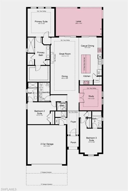 Floor Plan - Additional Highlights Include: an extended lanai with an outdoor kitchen rough-in, gourmet kitchen, study with French doors, tray ceiling package, and upgraded appliance package