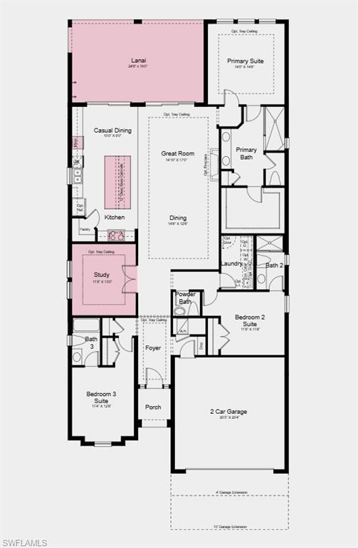 Floor Plan - Additional Highlights Include: tray ceiling package, 8' interior doors, GE Café appliance package, laundry appliance package, refrigerator, wood valance range hood, pool and spa prewire, and impact windows throughout the whole house