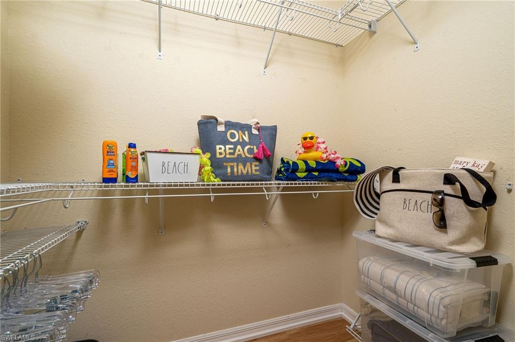 Walk-in closet with wire shelving system and wood-finish flooring