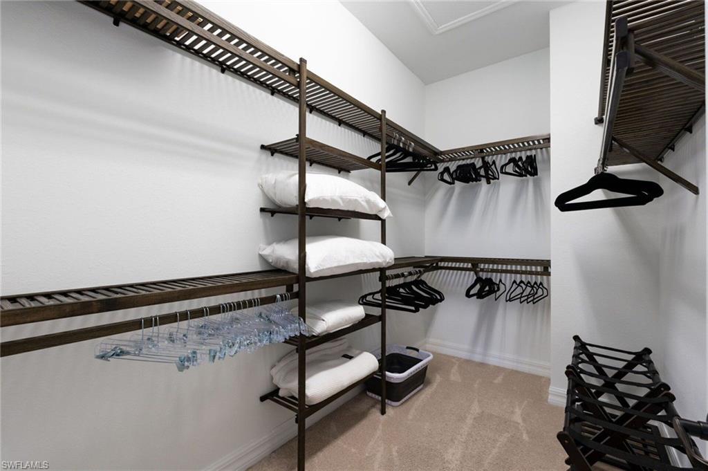 Walk-in closet featuring a comprehensive custom organization system, extensive shelving, multiple hanging rods, and neutral carpeting