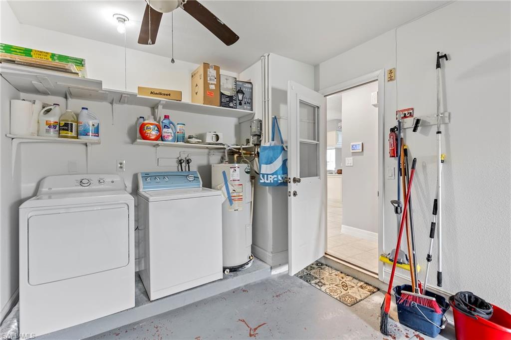 Laundry area featuring ceiling fan, washer and dryer, and electric water heater