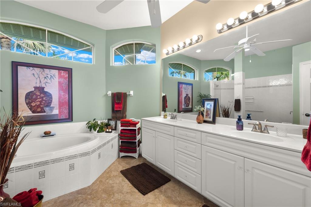 Spacious shower, soaking tub and dual vanity.