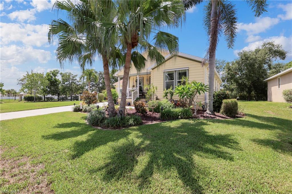 Manicured front yard featuring mature palm trees and established landscaping