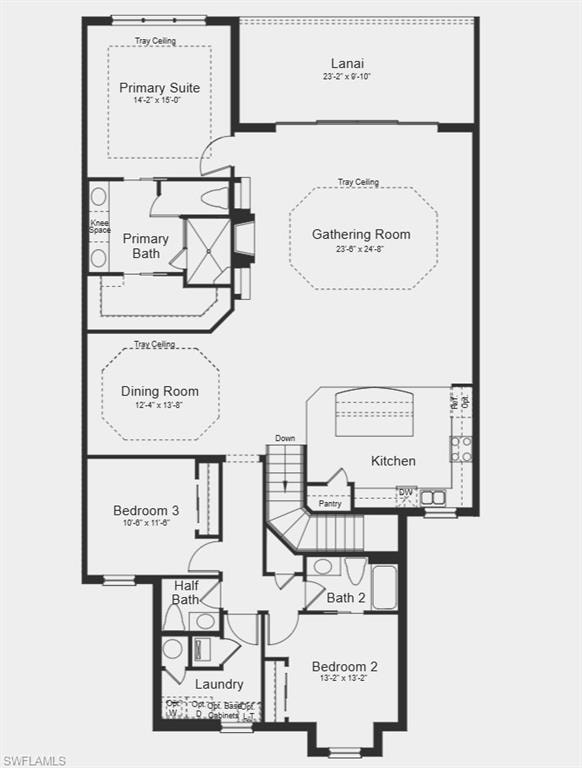 Floor Plan - Additional Highlights Include: oak stair treads and painted risers, laundry room sink, kitchen island kneewall cabinets, wood look tile throughout, GE stainless Café appliance package, built-in fireplace with cabinets in the great room, and quartz countertops