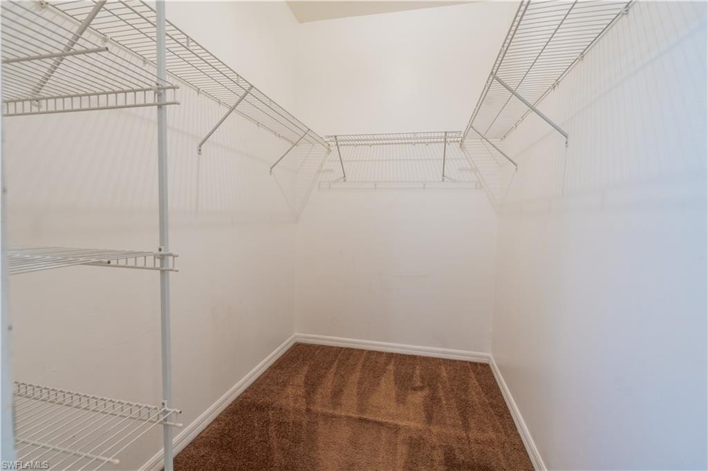 Walk in closet featuring dark colored carpet