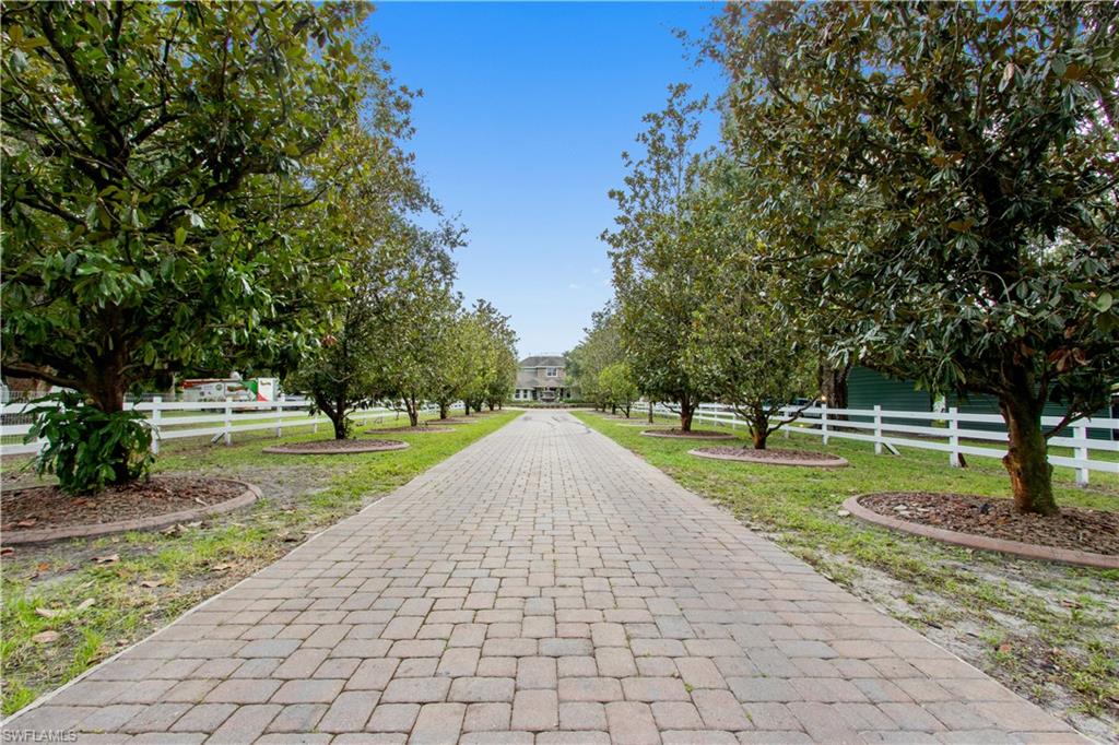 Paver driveway lined with mature trees, white fencing, and a distant property