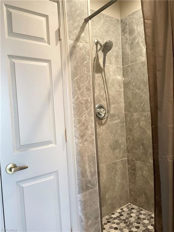Bathroom with a tiled walk-in shower and linen closet