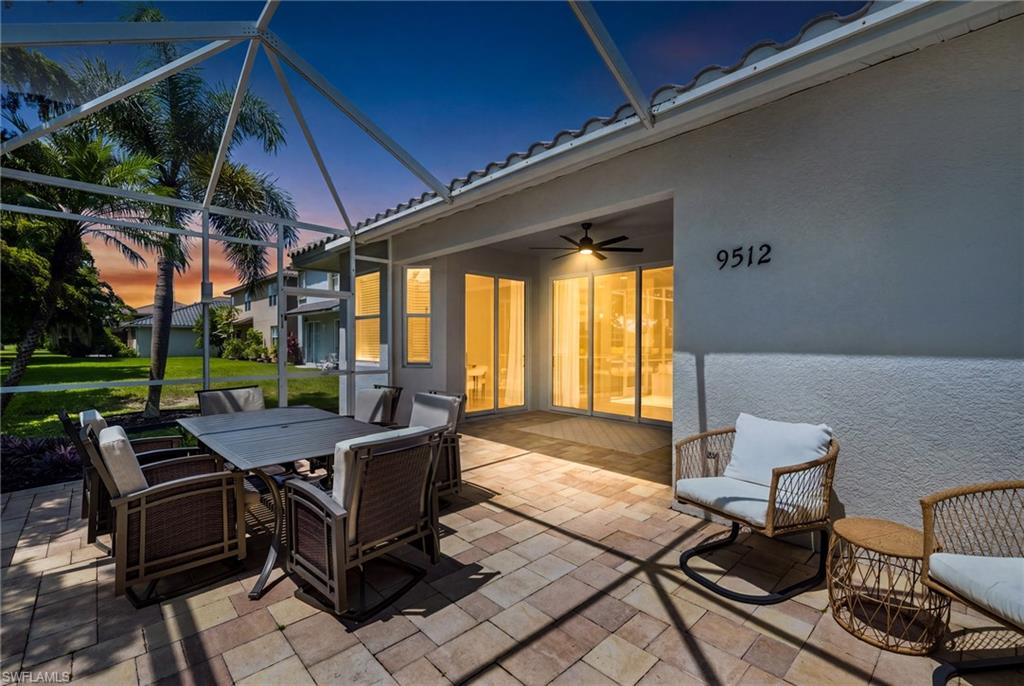 Outdoor patio lanai in the evening.
