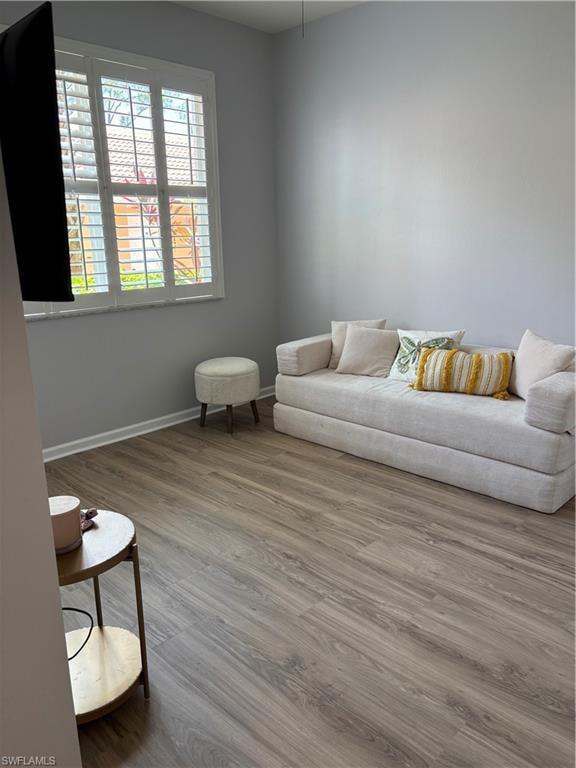2nd bedroom has wood finish flooring and Boneless High Density Foam Queen sofa bed plus a mounted TV and plantation shutters
