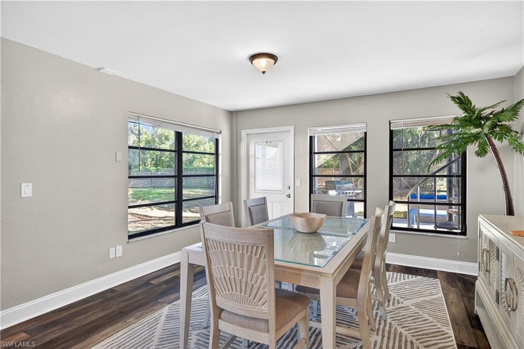 Light-filled dining space featuring dark wood-finish flooring, multiple windows with dark framing, a white baseboard, a ceiling-mounted light fixture, and a rear exterior door with a window