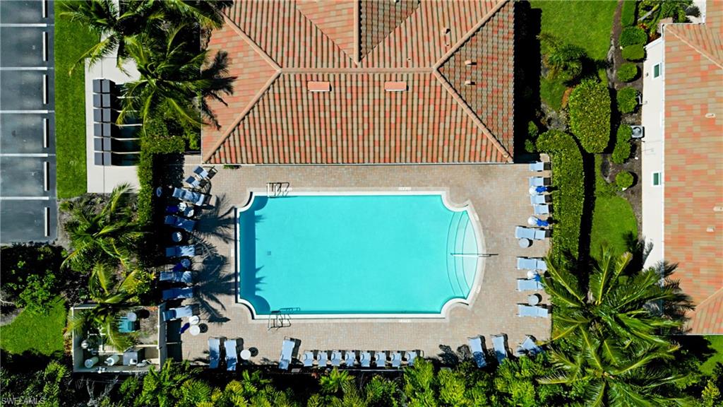 Rectangular swimming pool with integrated steps, surrounded by a light-toned paved deck