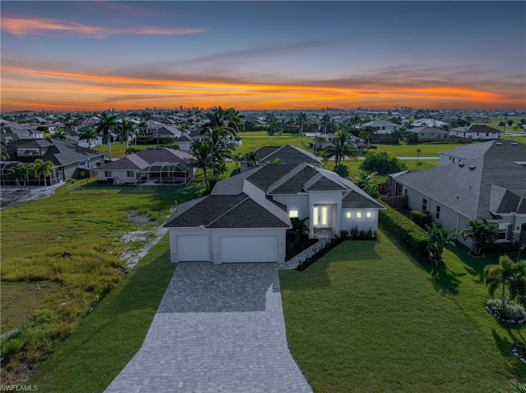 Aerial view at dusk of a residential view