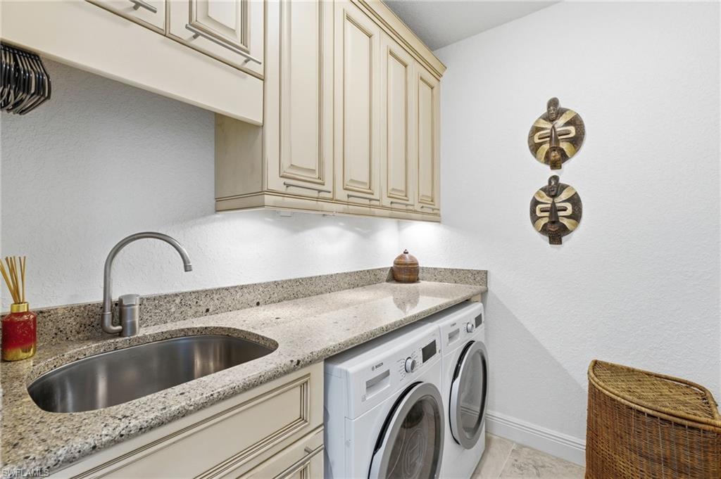 Granite countertop, underlighting, extra storage sink. hannging space.