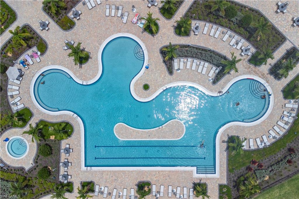 Large aerial view of pool including spa