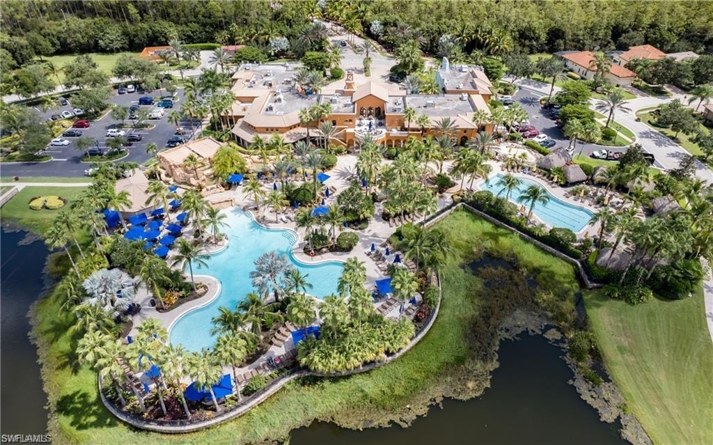 Aerial overview of property's location featuring a pool
