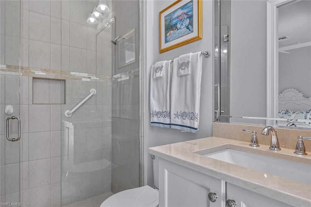 The casita bath also serves as a convenient cabana bath for poolside living.