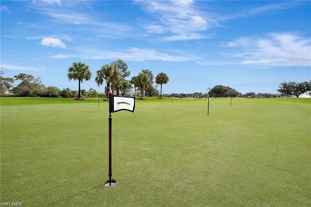 Manicured green with multiple flagsticks, surrounded by mature palm trees and distant foliage