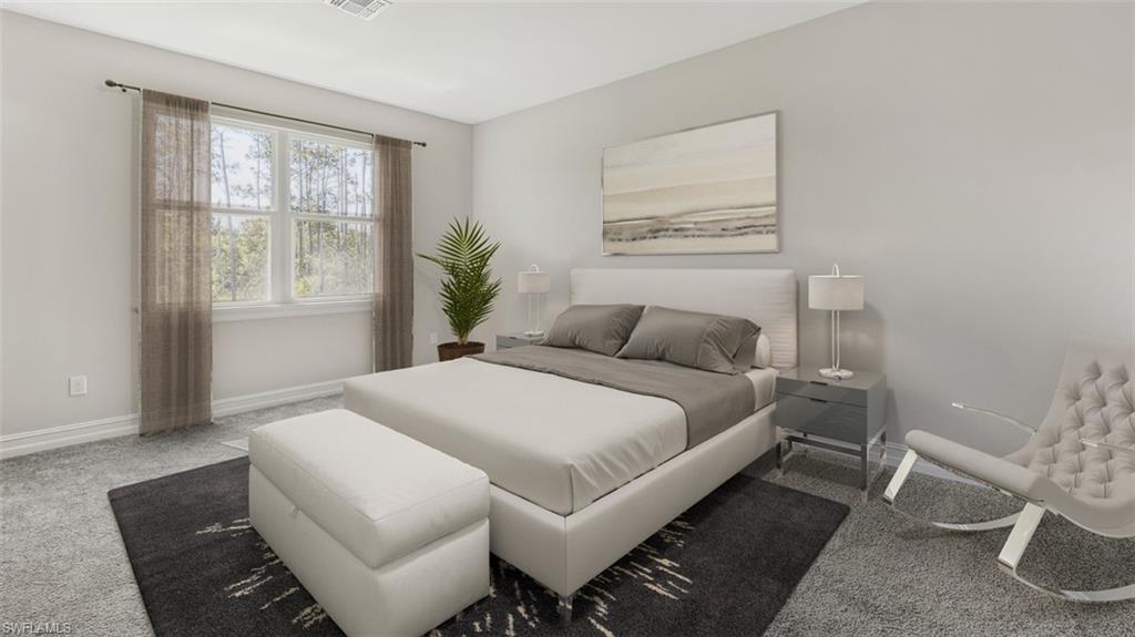 Room featuring light gray wall paint, gray carpet flooring, a large window with white trim, and a white baseboard