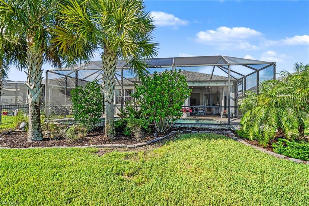 Expansive backyard featuring a screened-in lanai, mature palm trees, manicured lawn, and landscaped garden beds