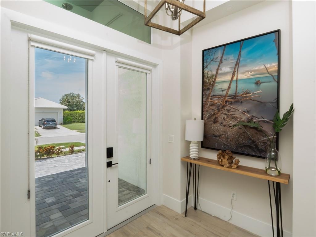 Bright entryway featuring dual glass doors with black hardware, wood-finish flooring, and soft natural light