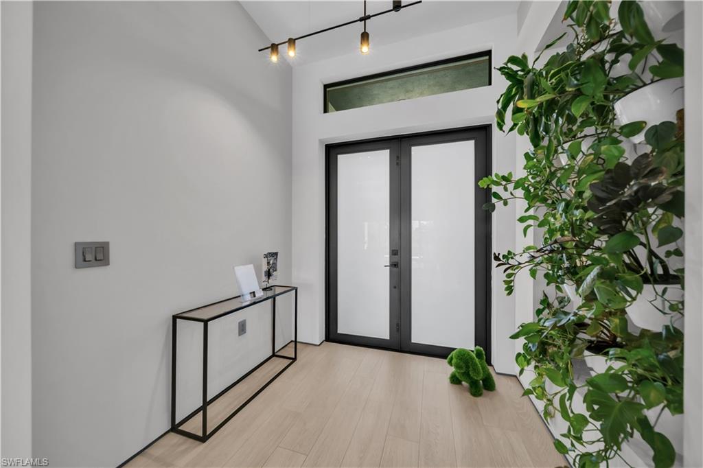 Entryway featuring light wood-finish flooring and a contemporary track lighting fixture