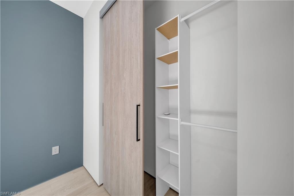 Closet featuring a wood-finish barn door, black hardware, built-in shelving, and a hanging rod