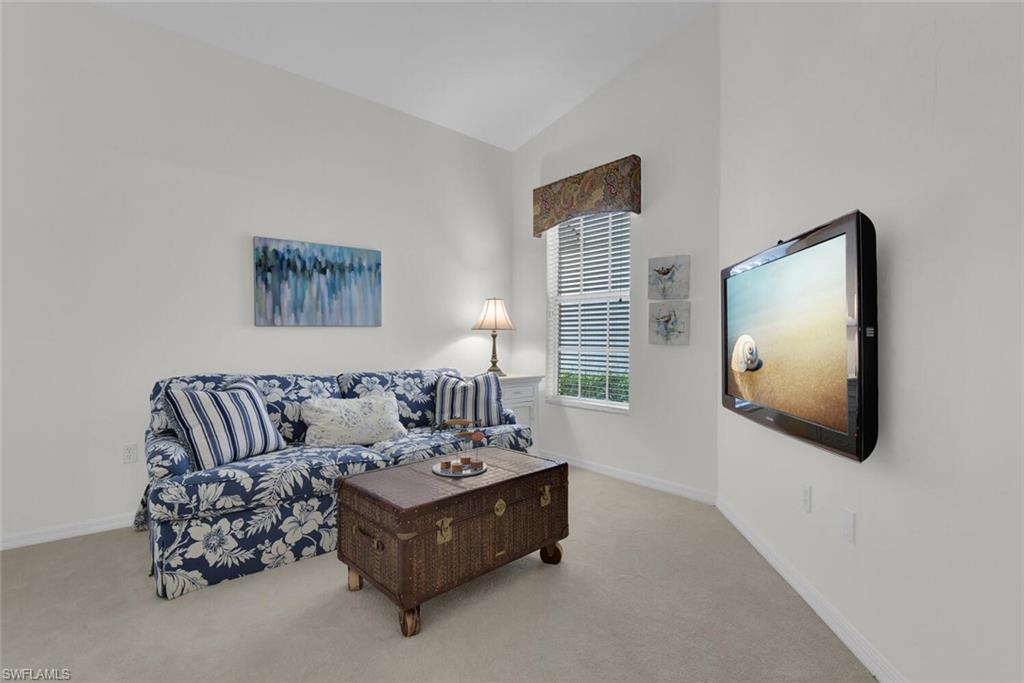 Living area featuring carpet floors and high vaulted ceiling