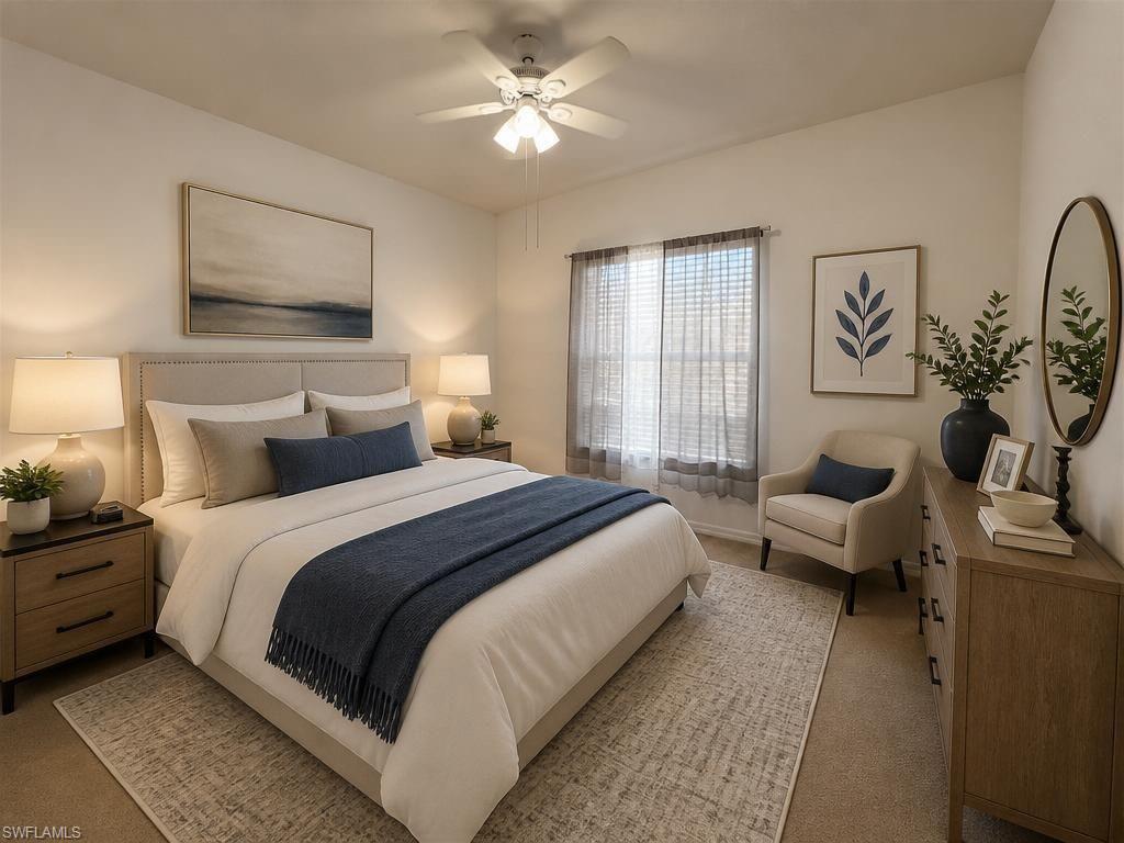 Carpeted room featuring a window with blinds and sheer curtains, a ceiling fan with integrated lighting, and a neutral color palette