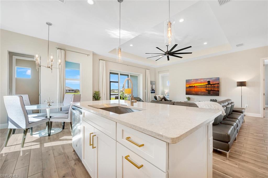 Kitchen featuring light wood-type flooring, sink, a raised ceiling, and a kitchen island with sink