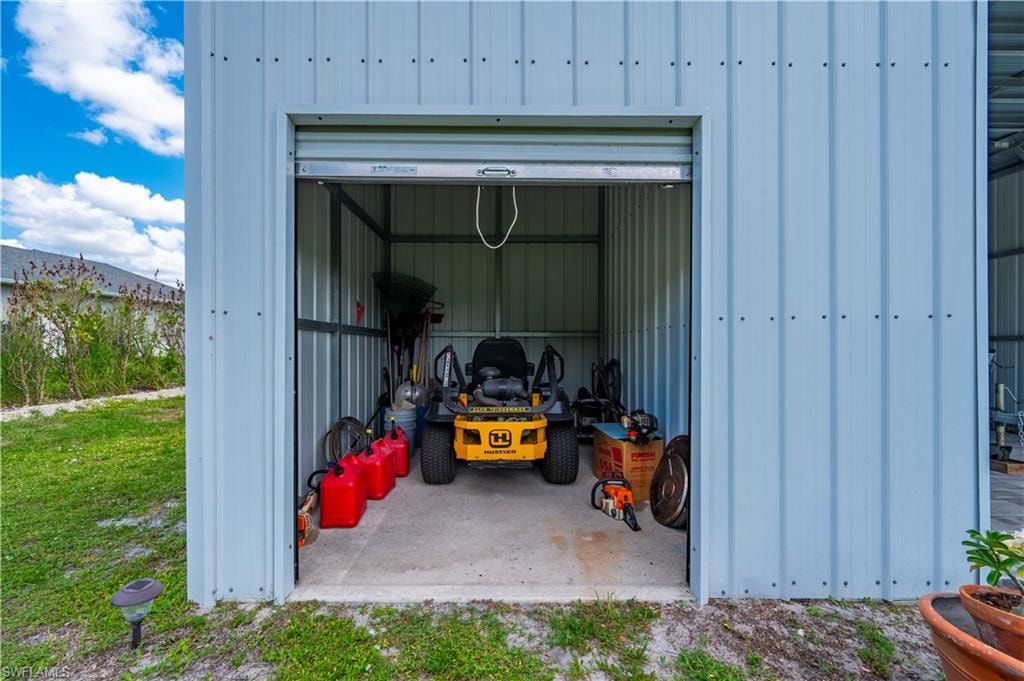 Separate storage for lawn equipment. Lawn equipment is negotiable.