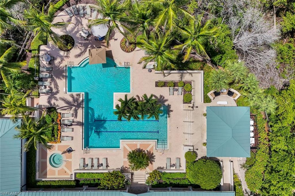 Aerial view of amenities for Nevis Tower including pool, workout room, grills, spa, cabana with fire place and entertainment room as well as 2 guest suites that can be rented for over flow guests.