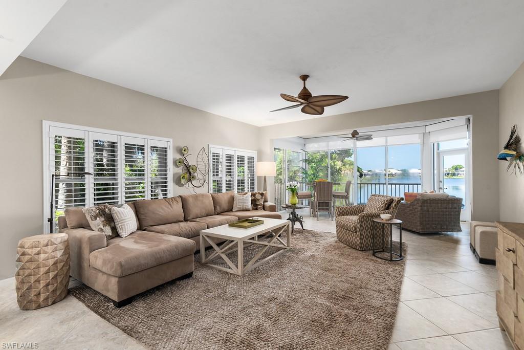Spacious living room with plantation shutters