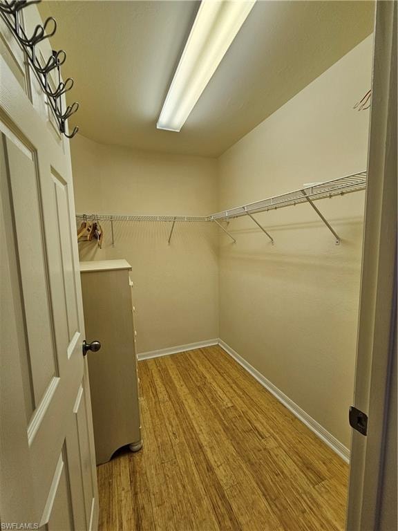 Walk-in closet featuring wood-finish flooring, white wire shelving, recessed baseboards, and overhead fluorescent lighting