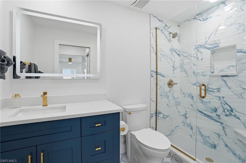 Full bathroom with vanity and a marble finish shower - Virtually Edited Image