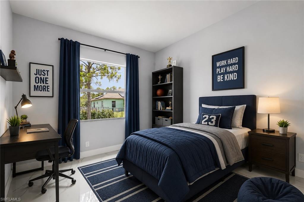 Bright room featuring a large window, tiled flooring, built-in shelving, and light gray walls