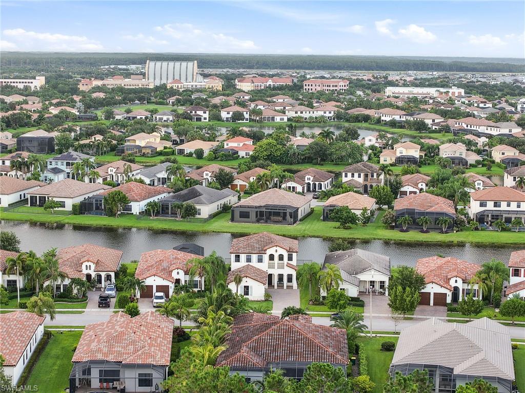 Aerial perspective featuring a residential community with numerous properties