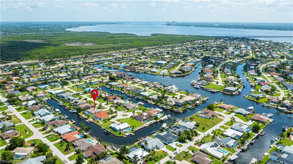 Aerial depiction of a waterfront residential area