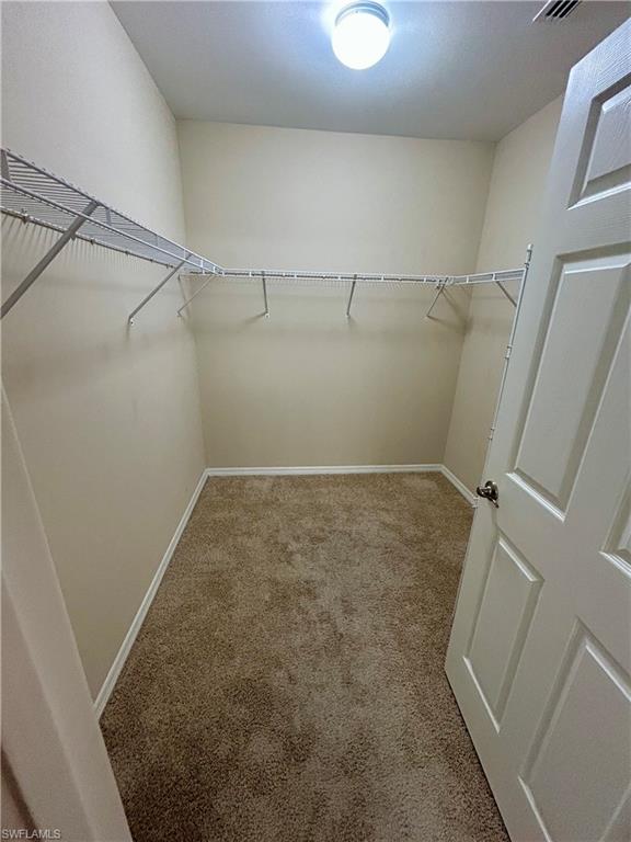 Spacious walk-in closet featuring carpet flooring, wire shelving systems along multiple walls, and recessed ceiling lighting for optimal visibility and storage organization