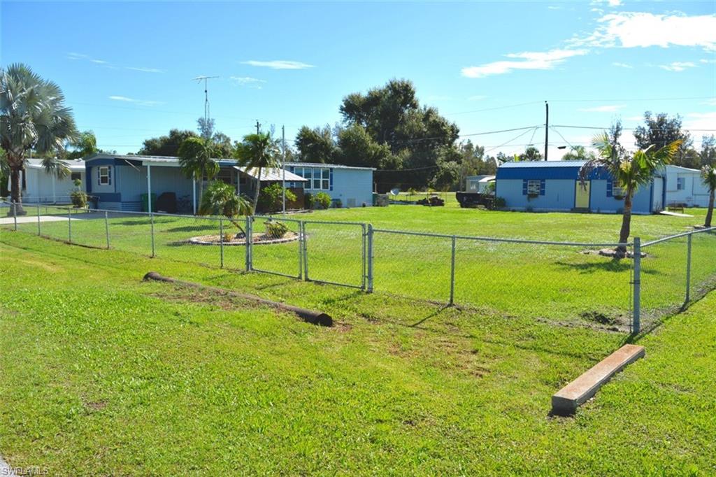 Expansive green space featuring a chain-link fence, mature palm trees, and established landscaping