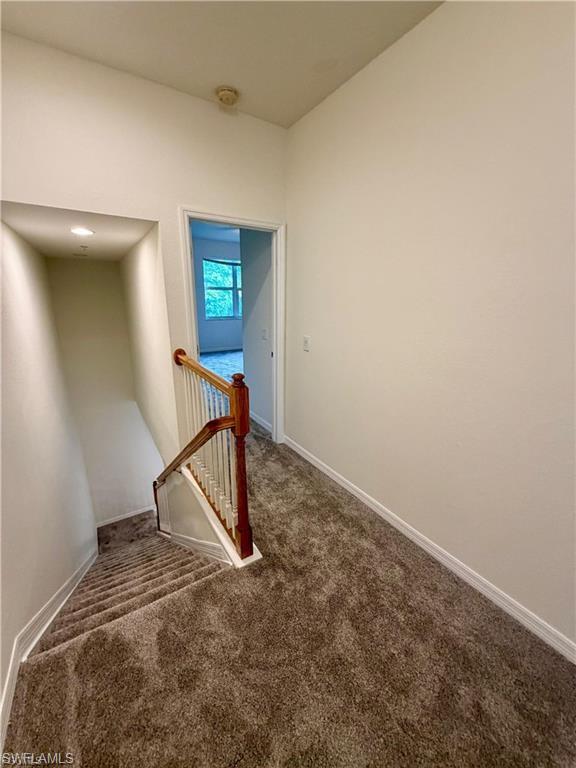 Carpeted staircase featuring a wood-finish handrail and white balusters