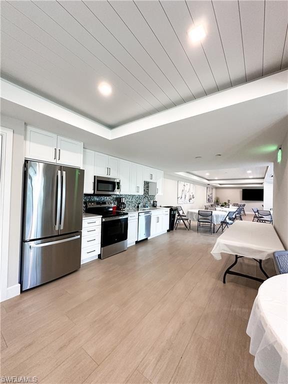 Kitchen featuring appliances with stainless steel finishes, white cabinets, light wood finished floors, tasteful backsplash, and recessed lighting