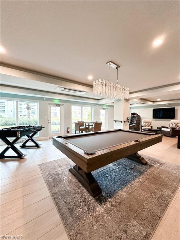 Playroom with billiards, recessed lighting, and light wood-style floors