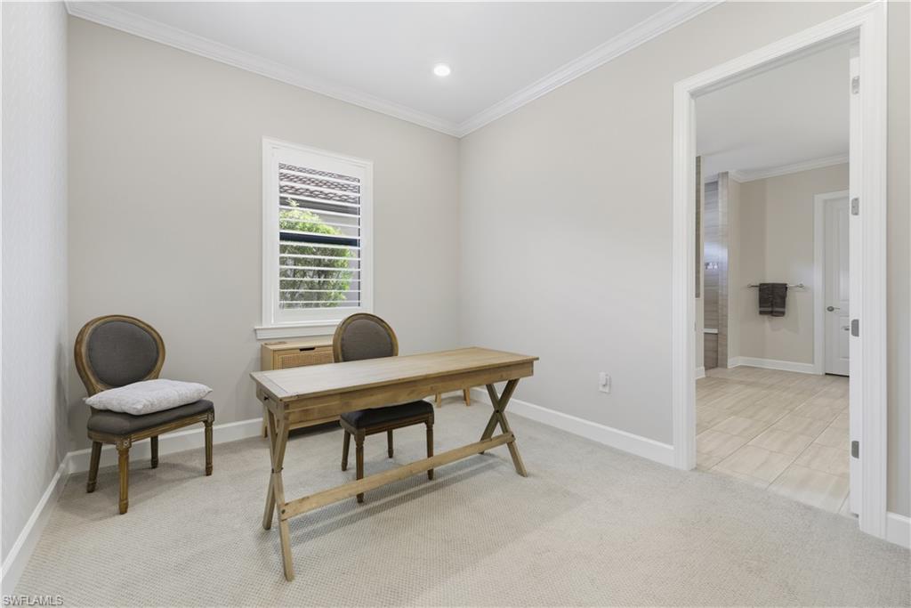 Office featuring crown molding, light carpet, and recessed lighting