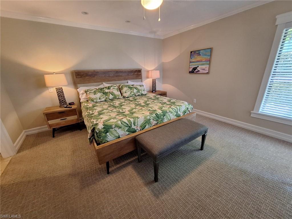 Carpeted bedroom featuring ornamental molding and ceiling fan