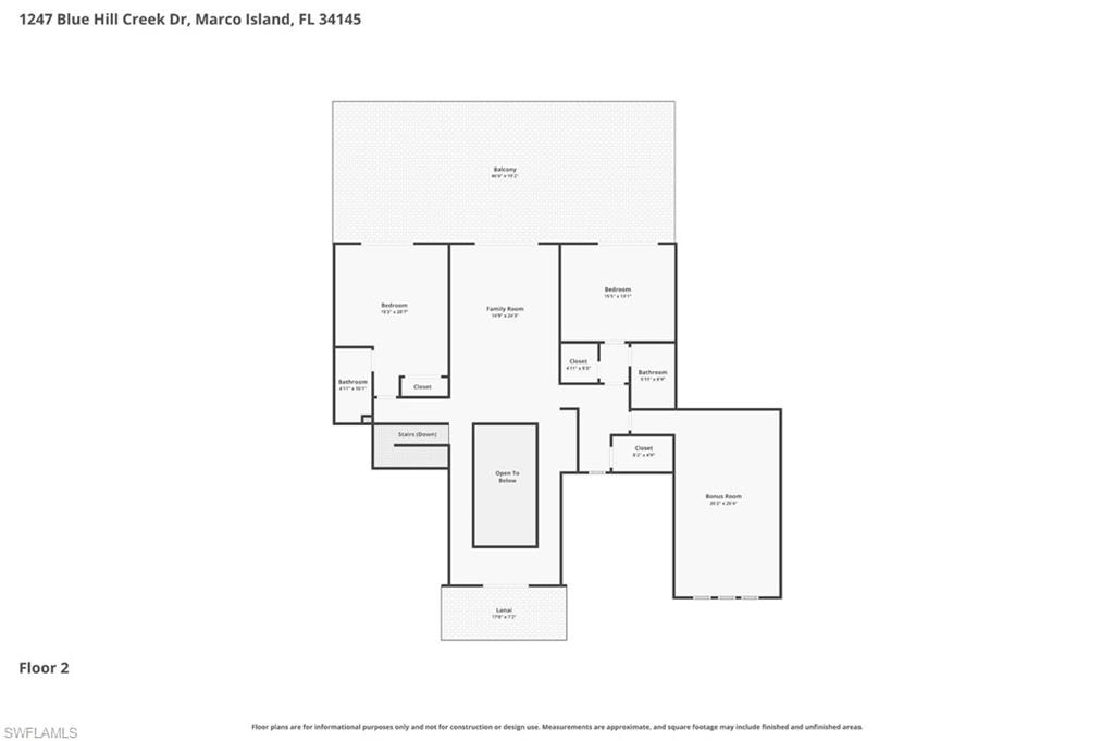 Upper-level floor plan with two bedrooms, family room, bonus room and balconies.