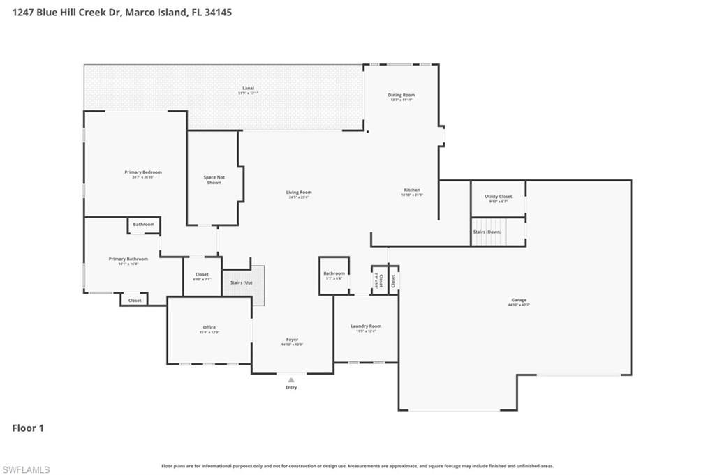 Main-level floor plan with primary suite, living areas, office, laundry and five-car garage.