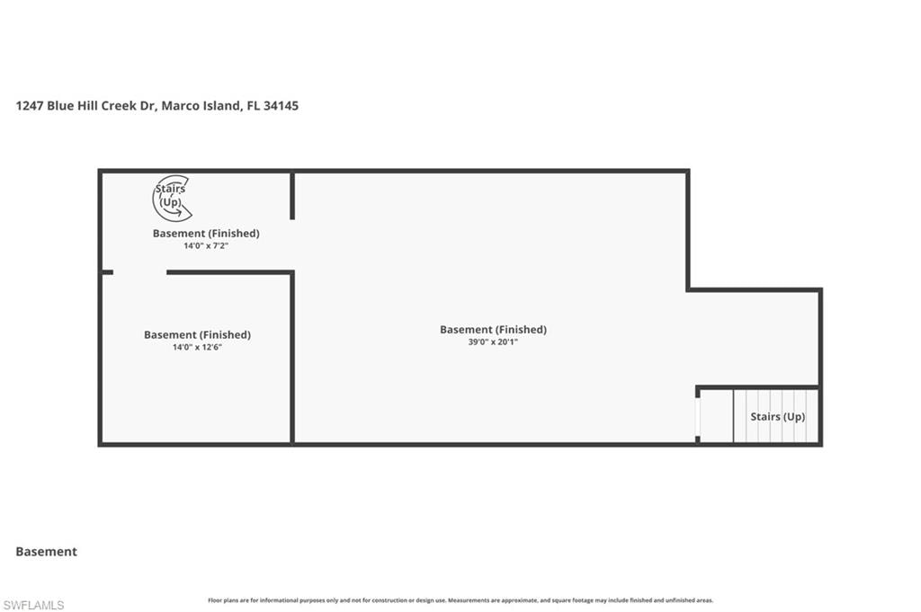 Basement floor plan showing three finished storage and flexible-use areas.