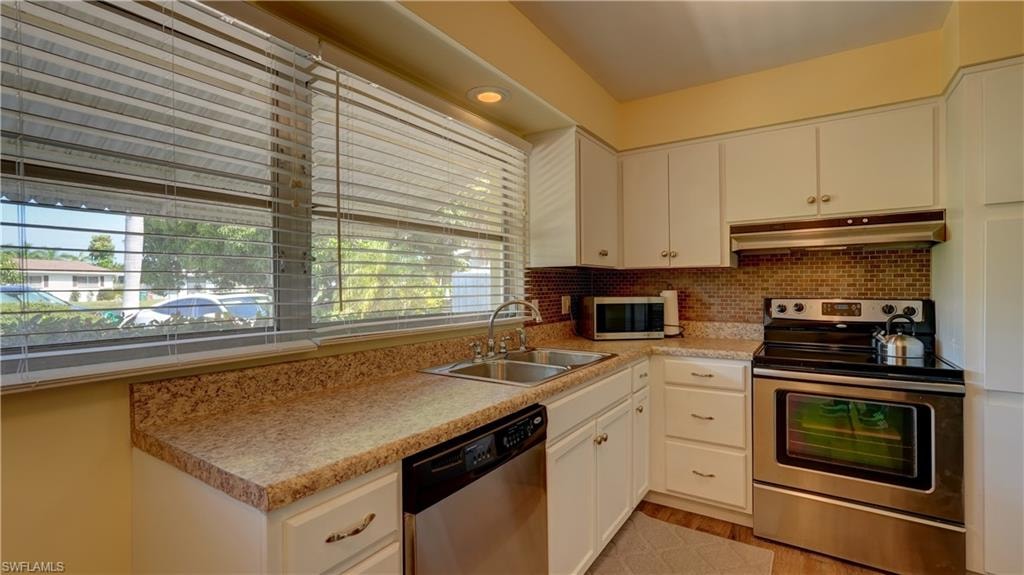 Stainless steel dishwasher, double sink and range